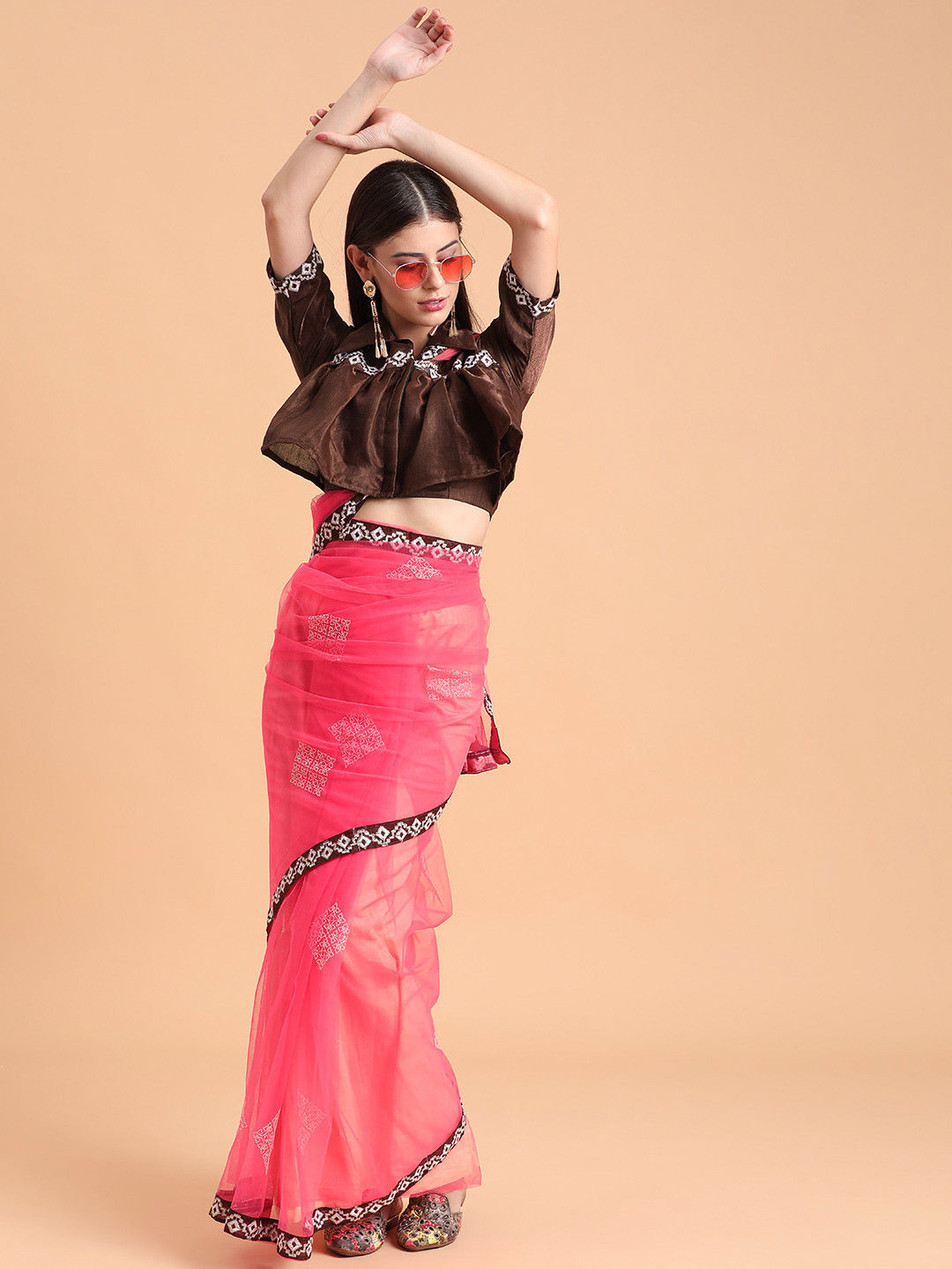 Sangria Pink & Brown Embroidered Supernet Saree