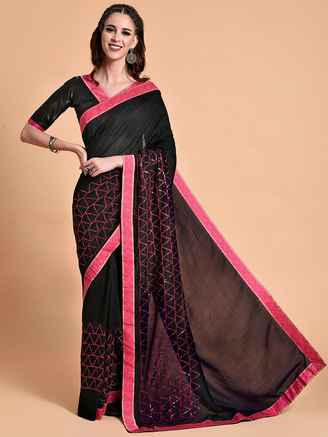 Sangria Black & Pink Embellished Sequinned Pure Georgette Heavy Work Saree