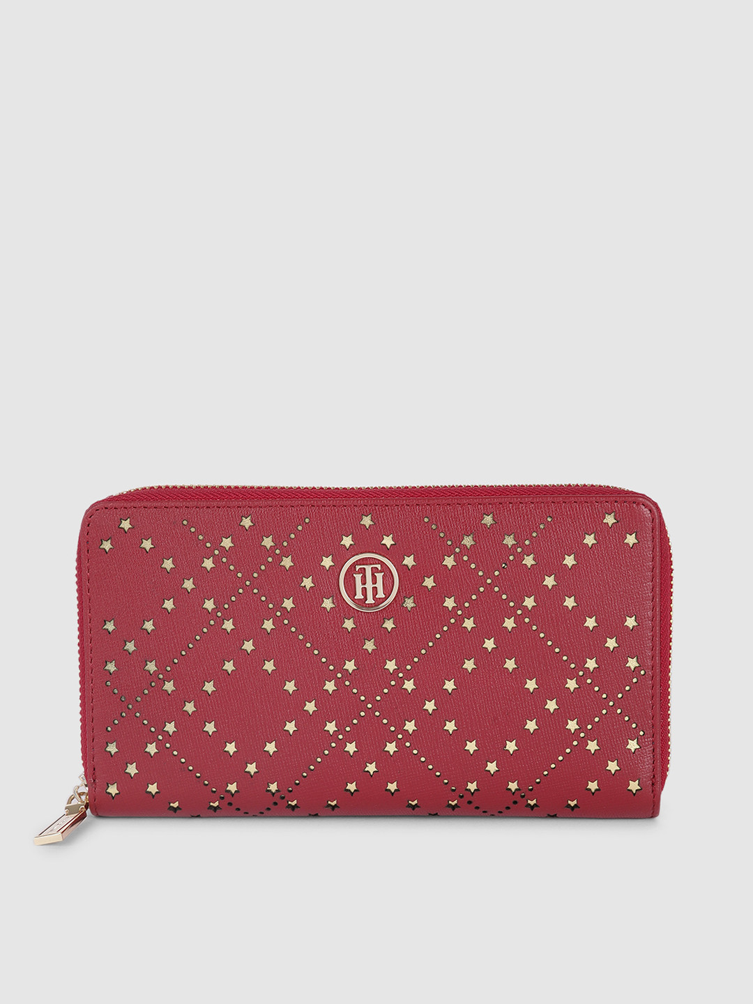 Tommy Hilfiger Women Burgundy Geometric Printed Leather Zip Around Wallet