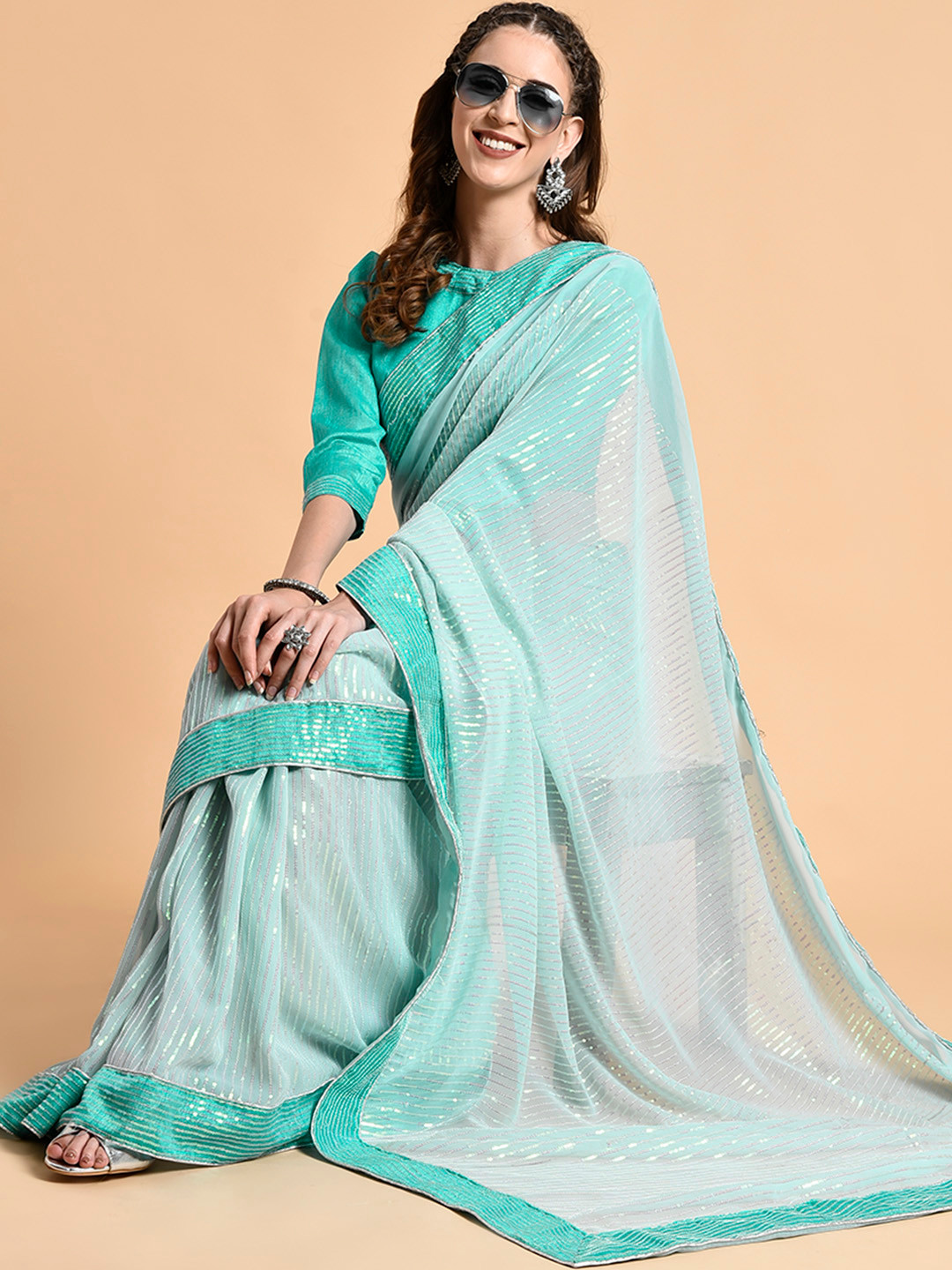 Sangria Sea Green Striped Sequinned Pure Georgette Saree
