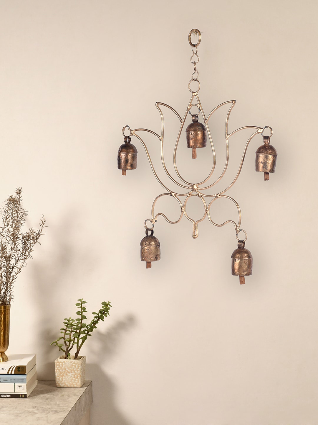 Unravel India Copper-Toned India Lotus Shape Having 5 Bells Wind Chime