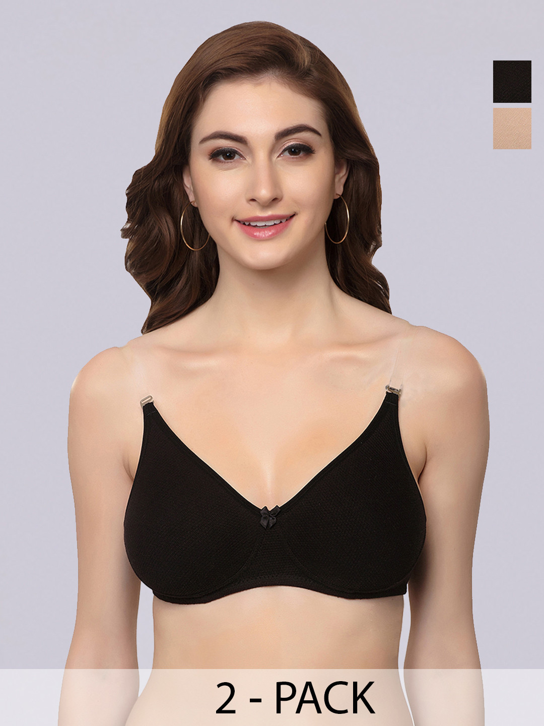 Inner Sense Pack Of 2 Black & Beige T-shirt Bra Full Coverage ISB100-Black_Skin