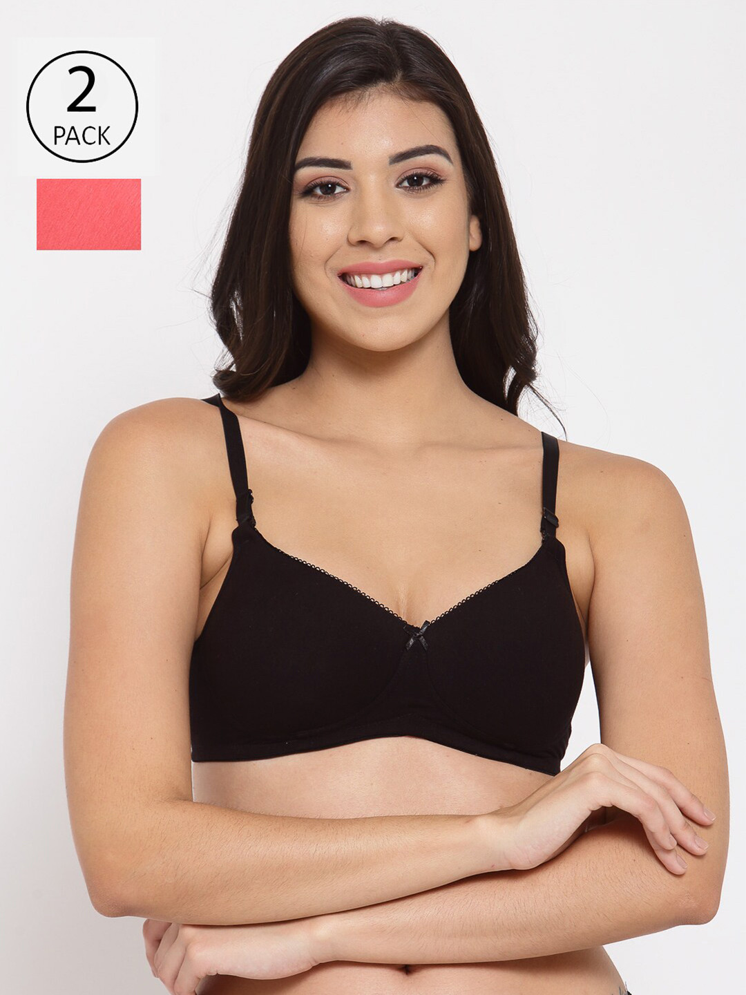 Inner Sense Pack Of 2 Black & Pink T-shirt Bra Lightly Padded ISB104-Black_Bright Pink