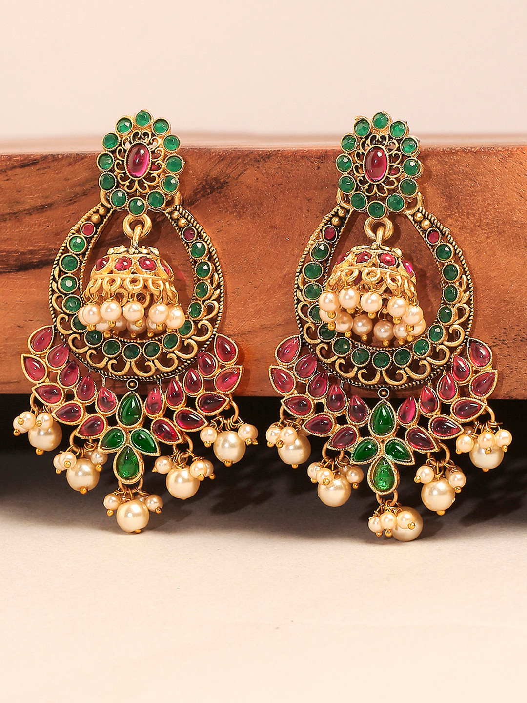 OOMPH Red & Green Kemp Stone Contemporary Chandbali Earrings
