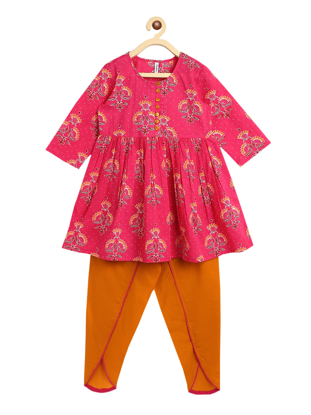 Campana Girls Pink Floral Printed Pure Cotton Kurti with Dhoti Pants
