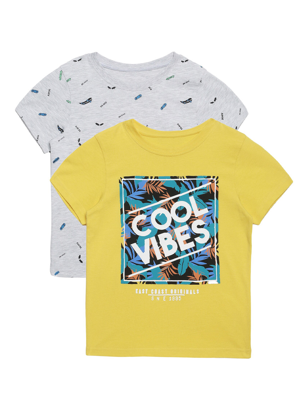 PLUM TREE Boys Yellow & White Pack of 2 Printed T-shirts