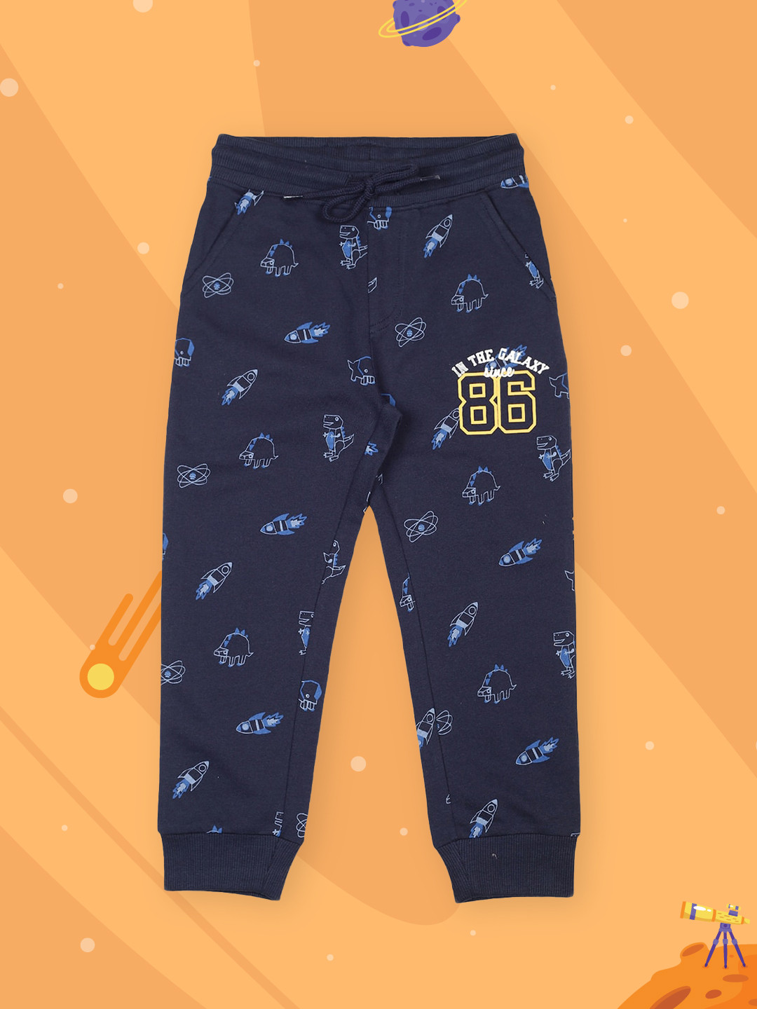 PLUM TREE Boys Navy Blue Dinosaur Printed Pure Cotton Loose-Fit Joggers