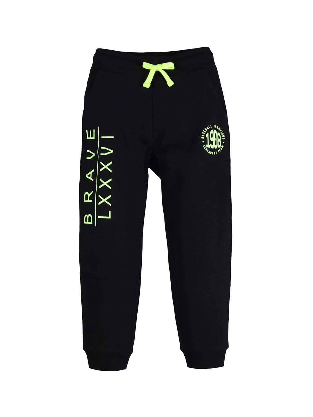 PLUM TREE Boys Black & Florescent-Green Printed Pure Cotton Joggers