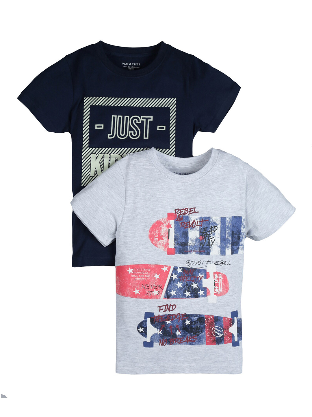PLUM TREE Boys Navy Blue & Grey 2 Printed T-shirt