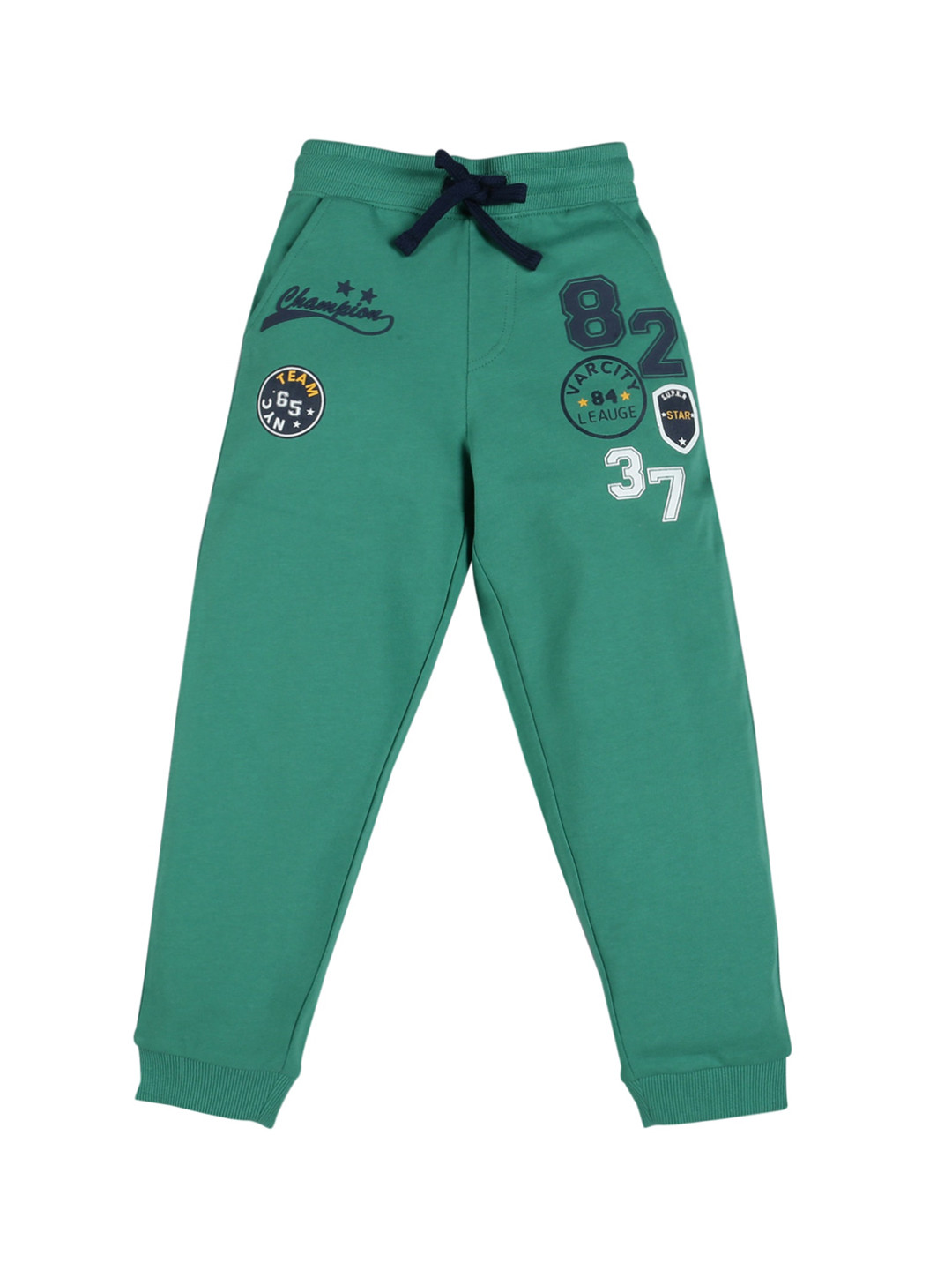 PLUM TREE Boys Green & Blue Typography Printed Loose-Fit Pure Premium Cotton Joggers