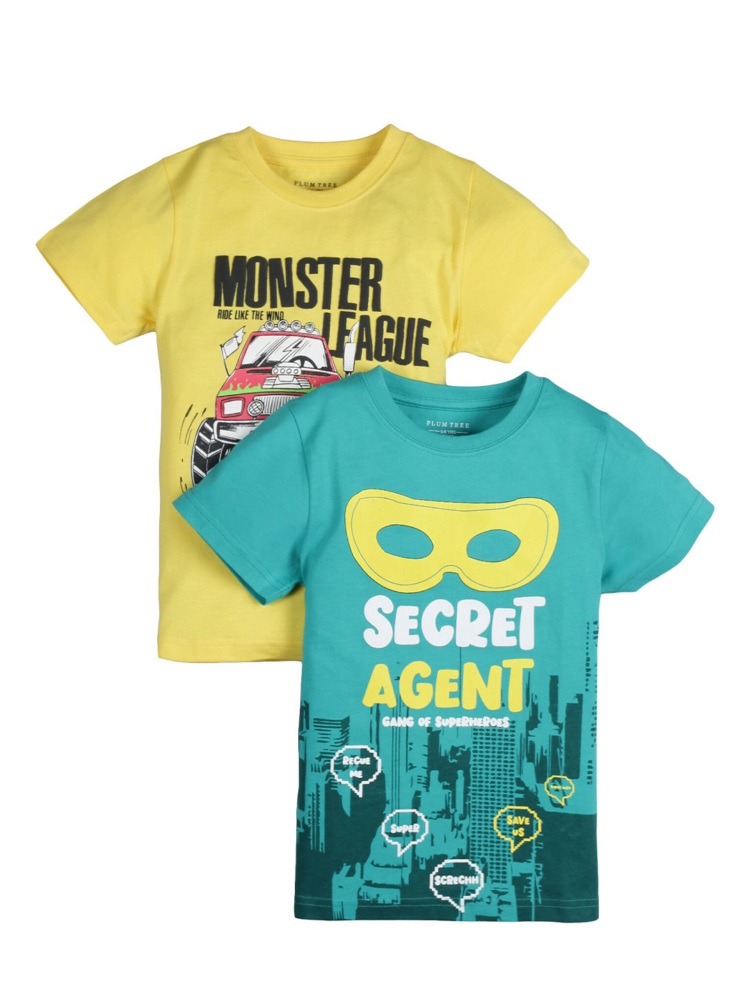 PLUM TREE Boys Yellow 2 Printed Raw Edge T-shirt