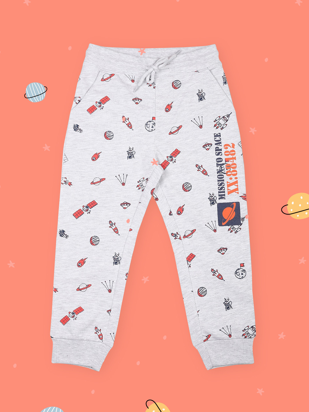 PLUM TREE Boys Grey Melange & Orange Printed Loose-Fit Pure Premium Cotton Joggers