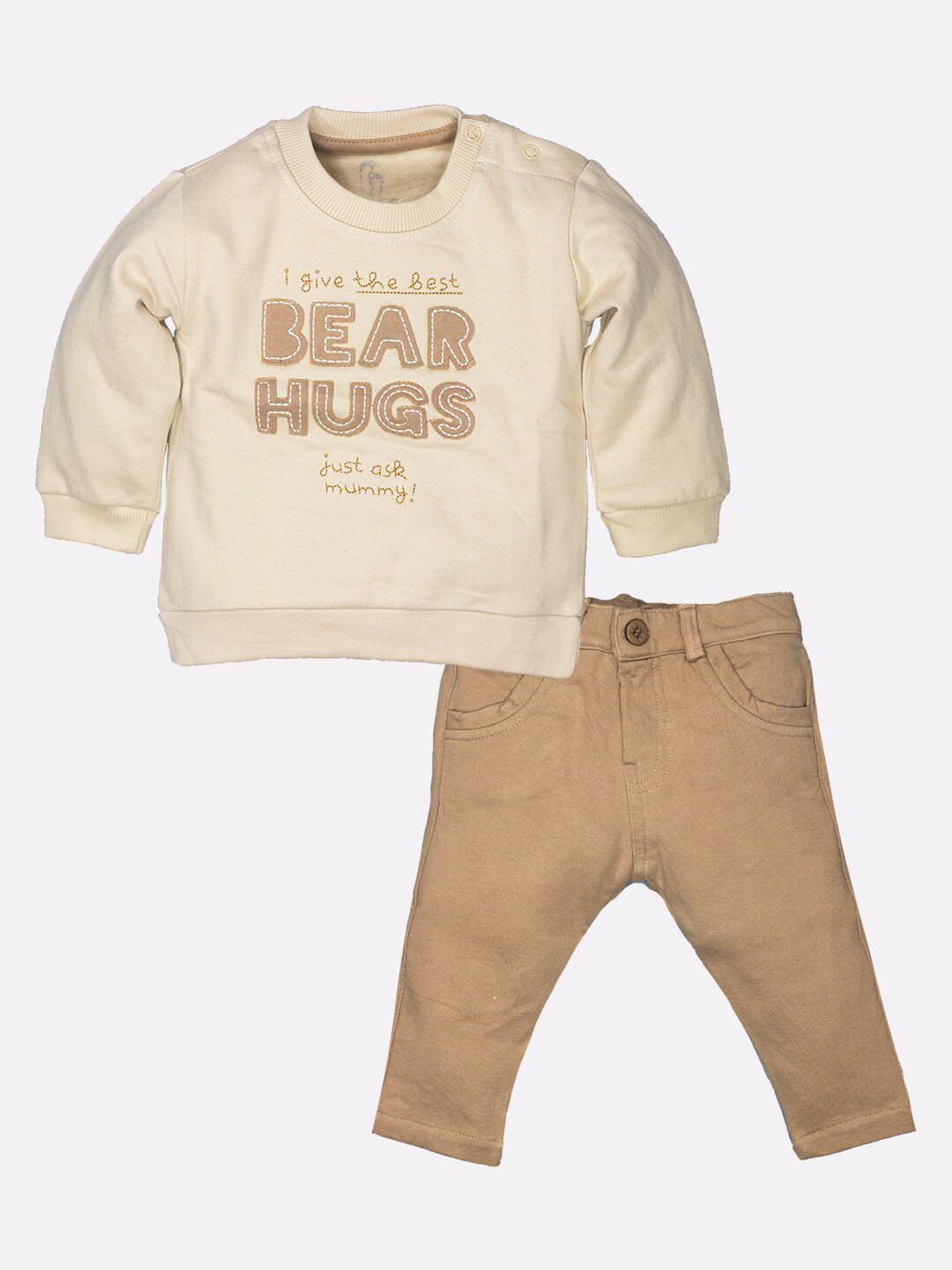 BABY GO Boys Beige & Cream Applique T-shirt with Trousers