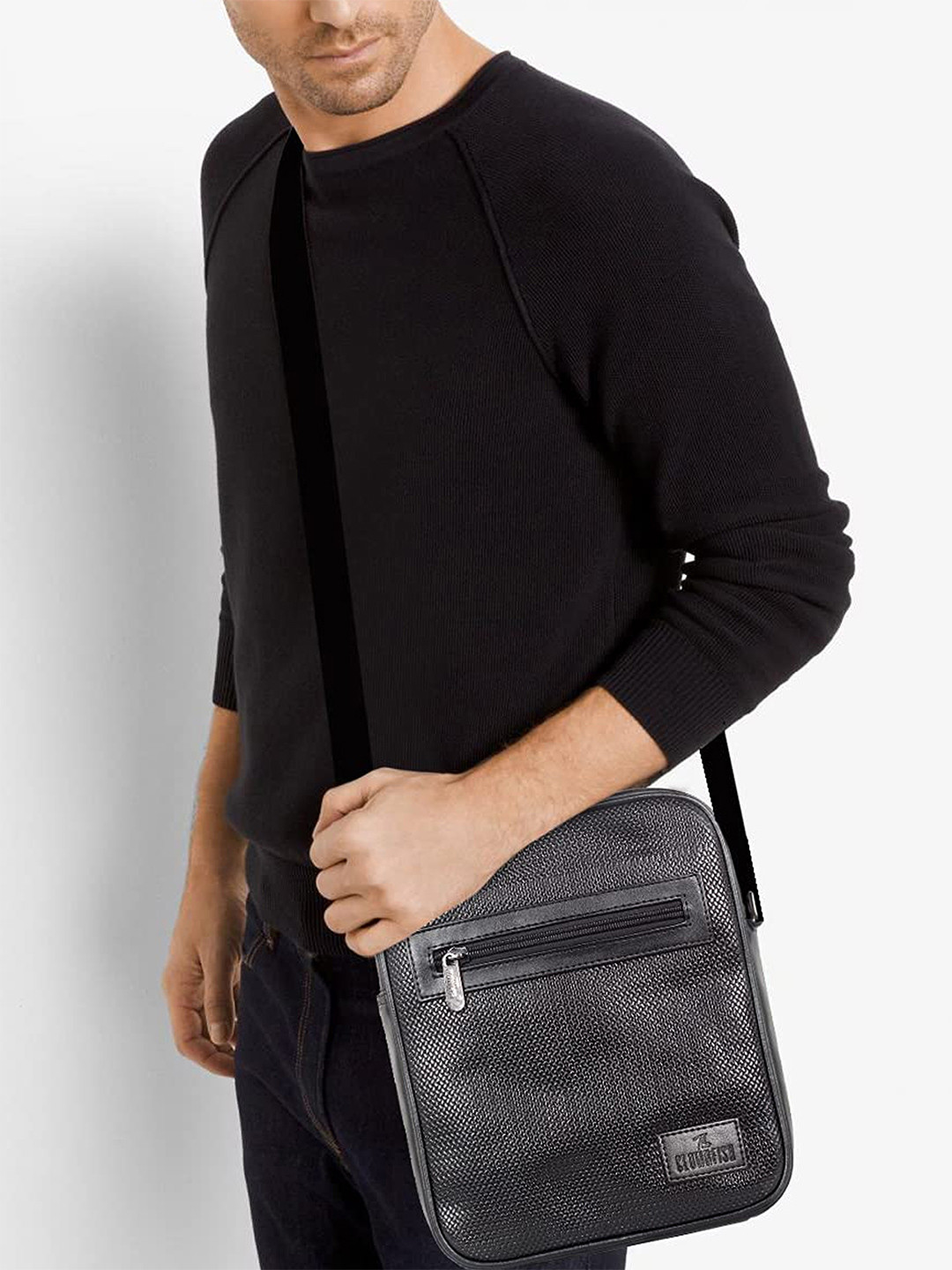 THE CLOWNFISH Brenna Unisex Black Textured Leather Crossbody Sling Bag