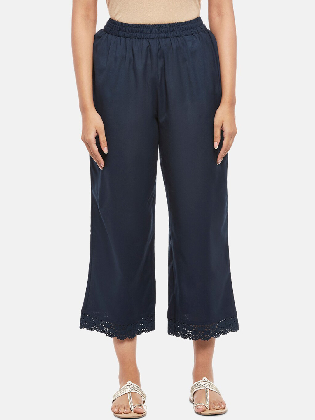 RANGMANCH BY PANTALOONS Women Indigo Blue Solid Cotton Trousers
