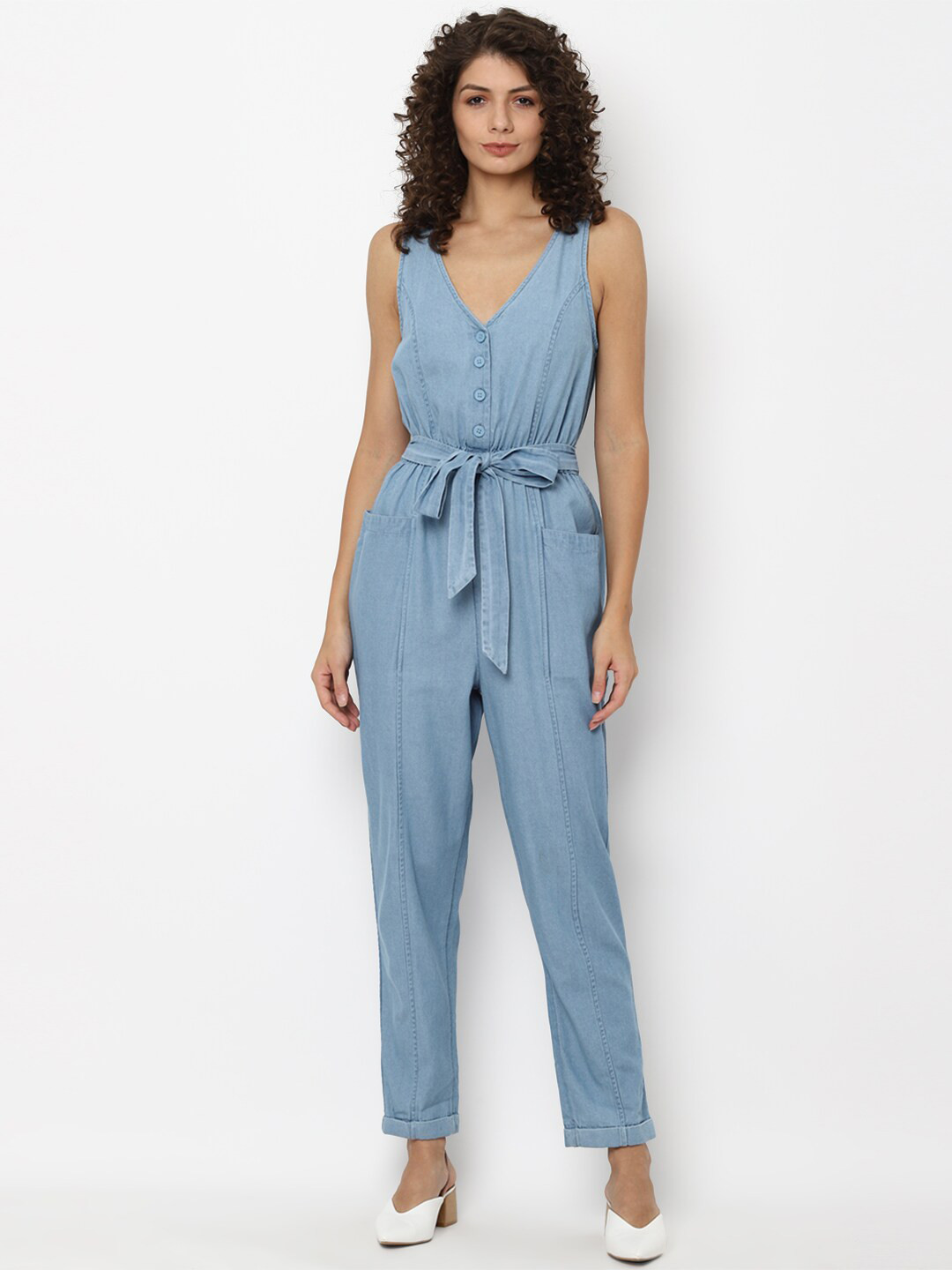 AMERICAN EAGLE OUTFITTERS Blue Solid Tied-Up Waist Basic Denim Jumpsuit