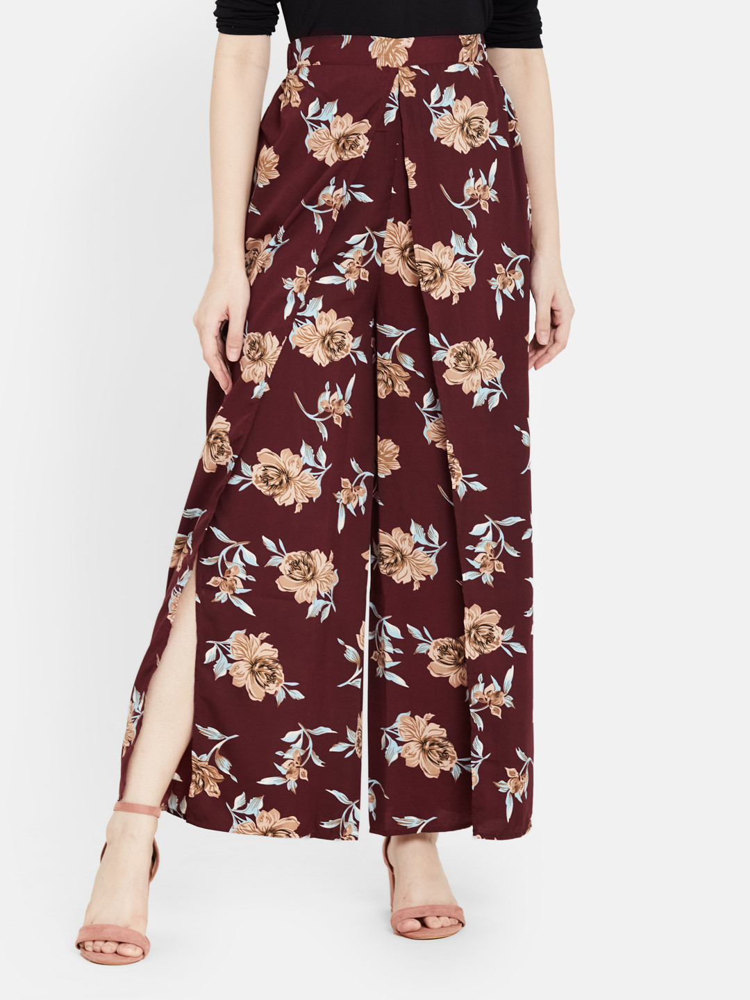 PURYS Women Maroon Floral Printed Relaxed Flared Parallel Trousers