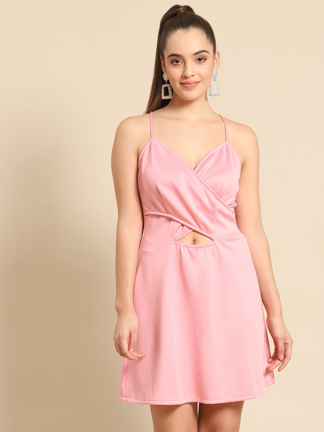 DODO & MOA Pink Solid A-Line Dress With Cut-Outs