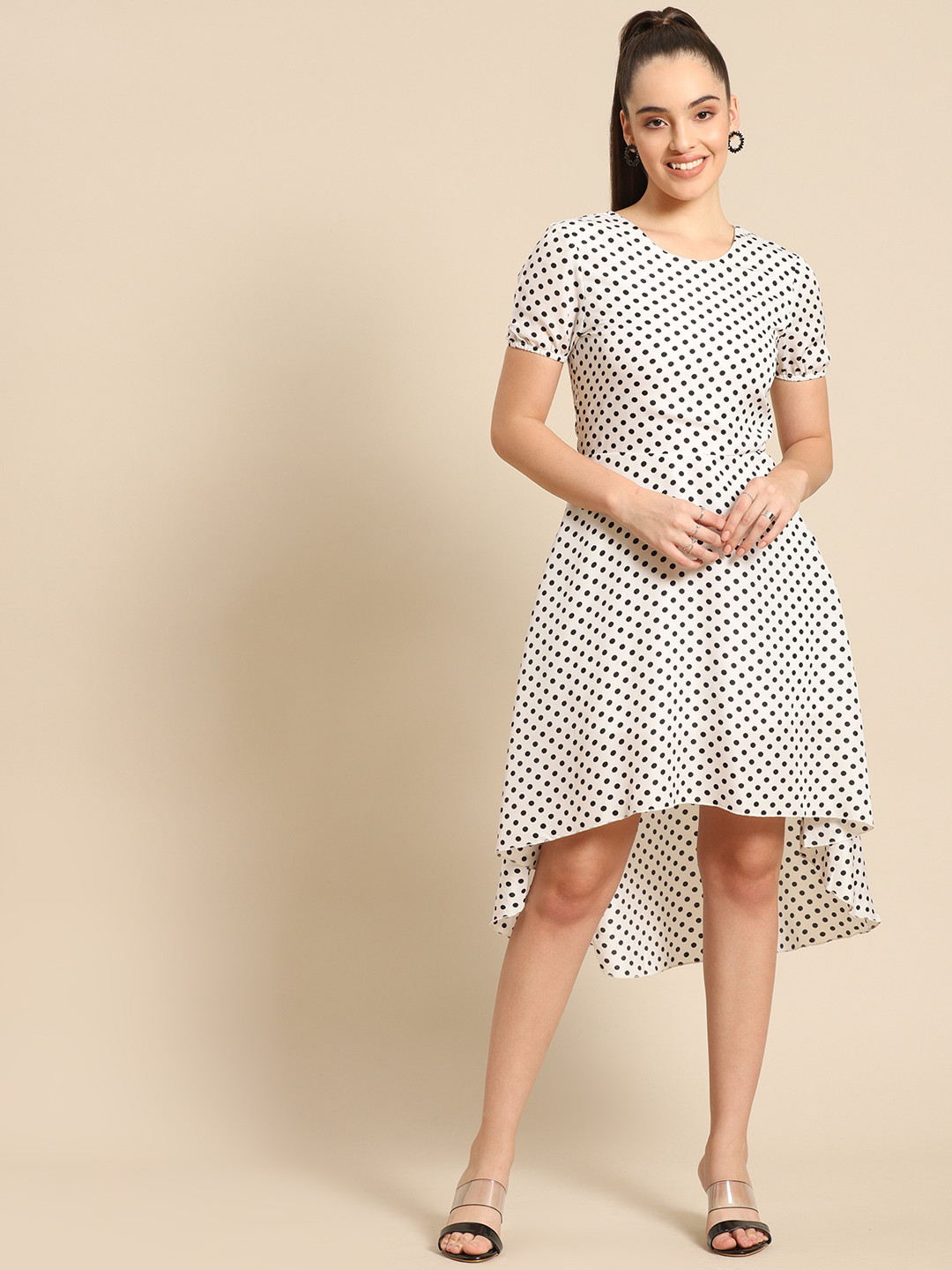 DODO & MOA White & Black Polka Dots Print Crepe A-Line Dress