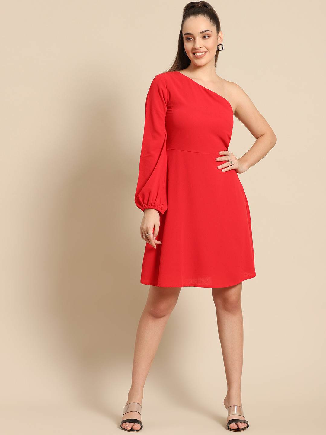 DODO & MOA Red Solid One Shoulder Crepe A-Line Dress