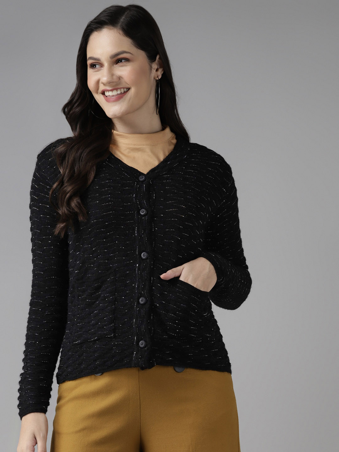 Cayman Women Black & Silver Self-Design Woollen Cardigan