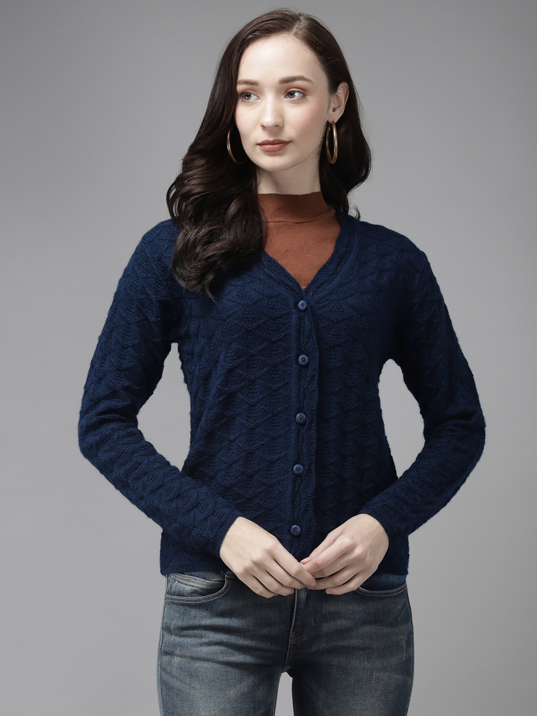 Cayman Women Navy Blue Woollen Self Design Cardigan