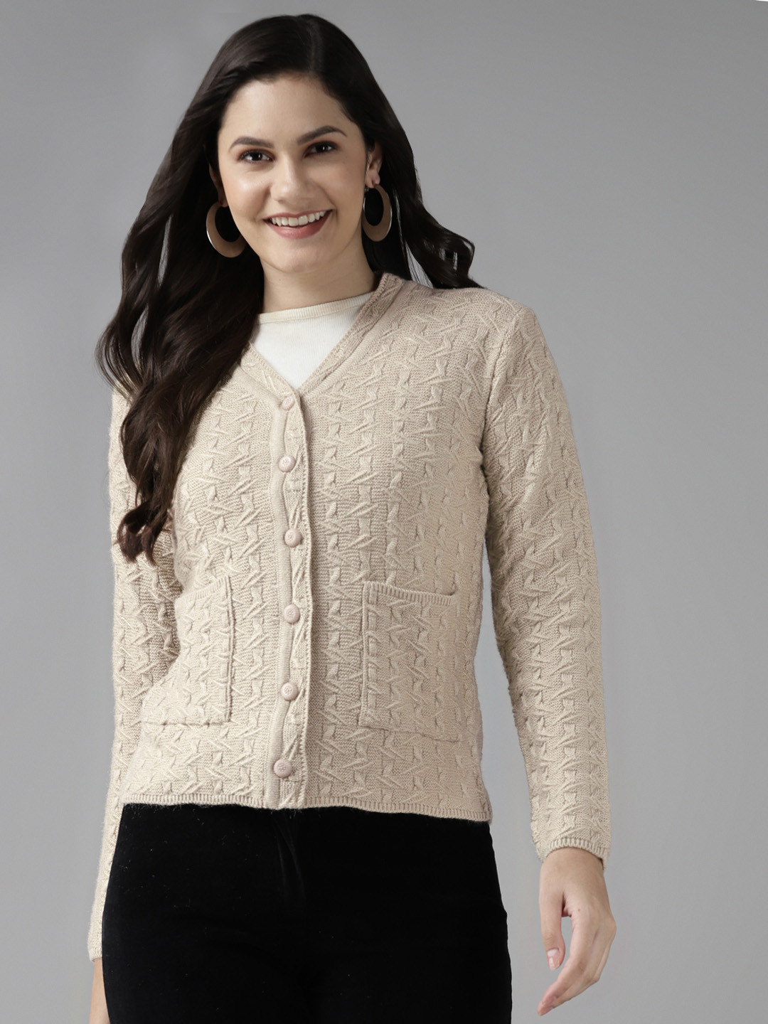 Cayman Women Beige Self Designed Cardigan Sweater