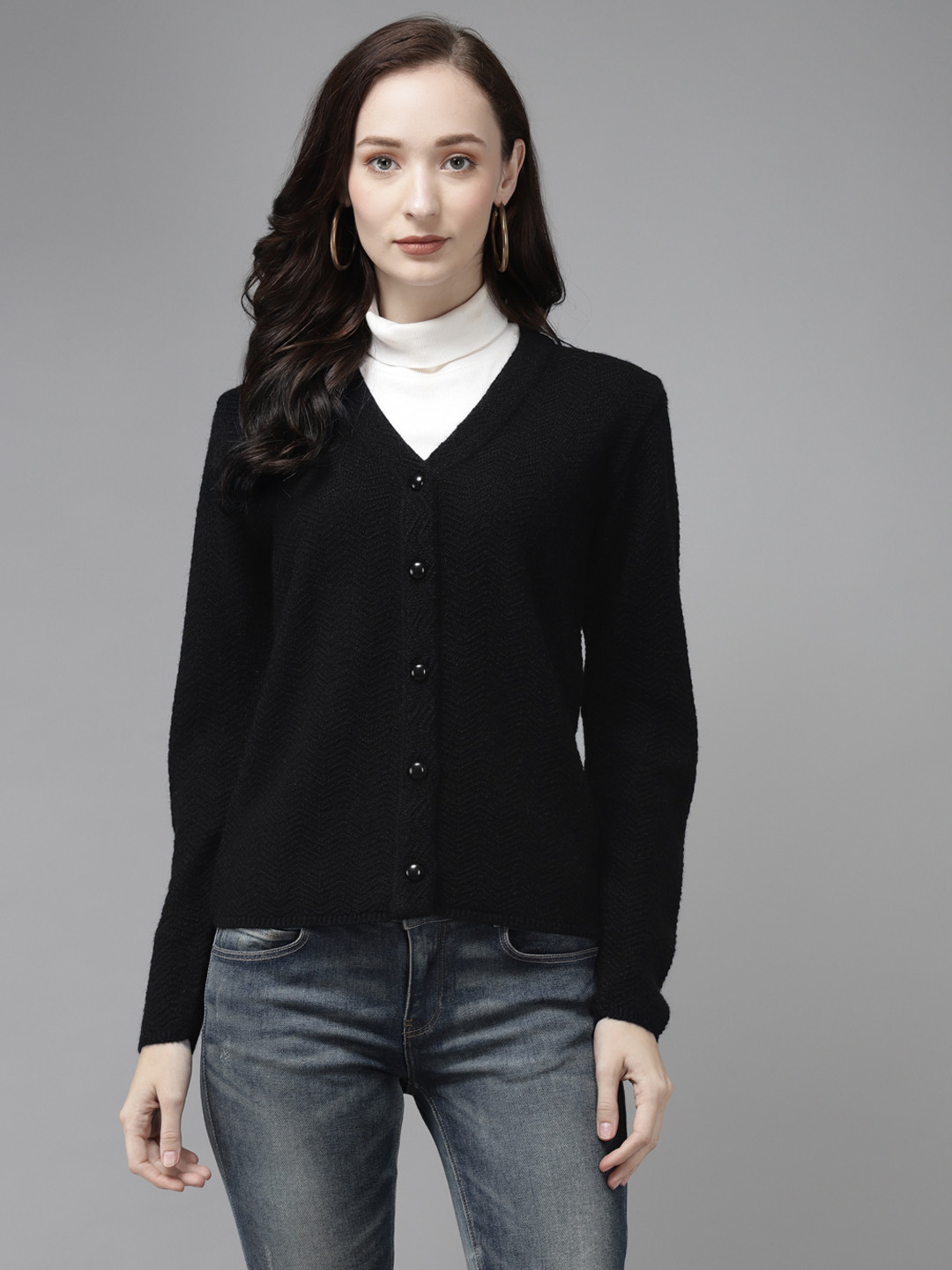 Cayman Women Black Woollen Self Design Cardigan