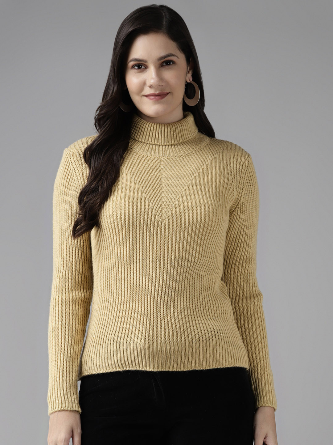 Cayman Women Beige Woollen Chevron Ribbed Pullover