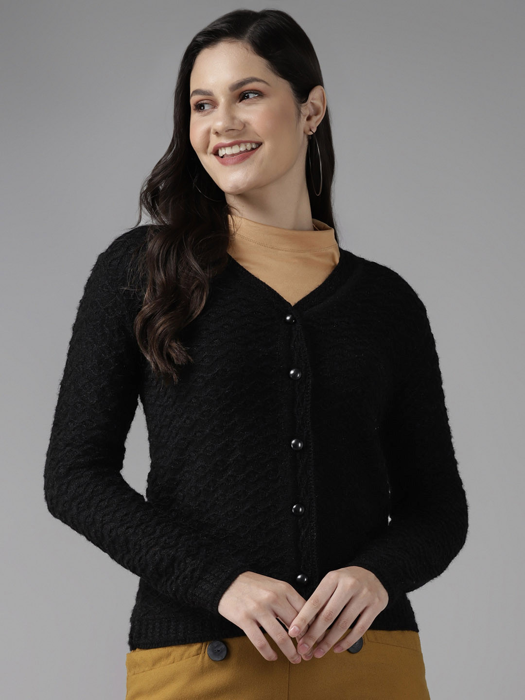 Cayman Women Black Self-Design Woollen Cardigan