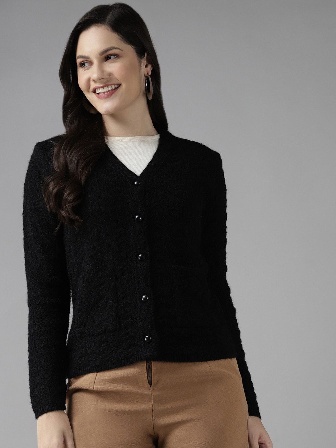 Cayman Women Black Self-Design Woollen Cardigan