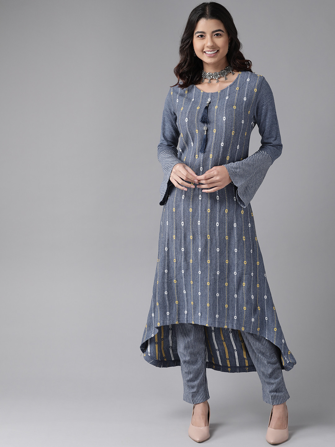 Cayman Women Blue Regular Pure Wool High-Low Kurta with Trousers