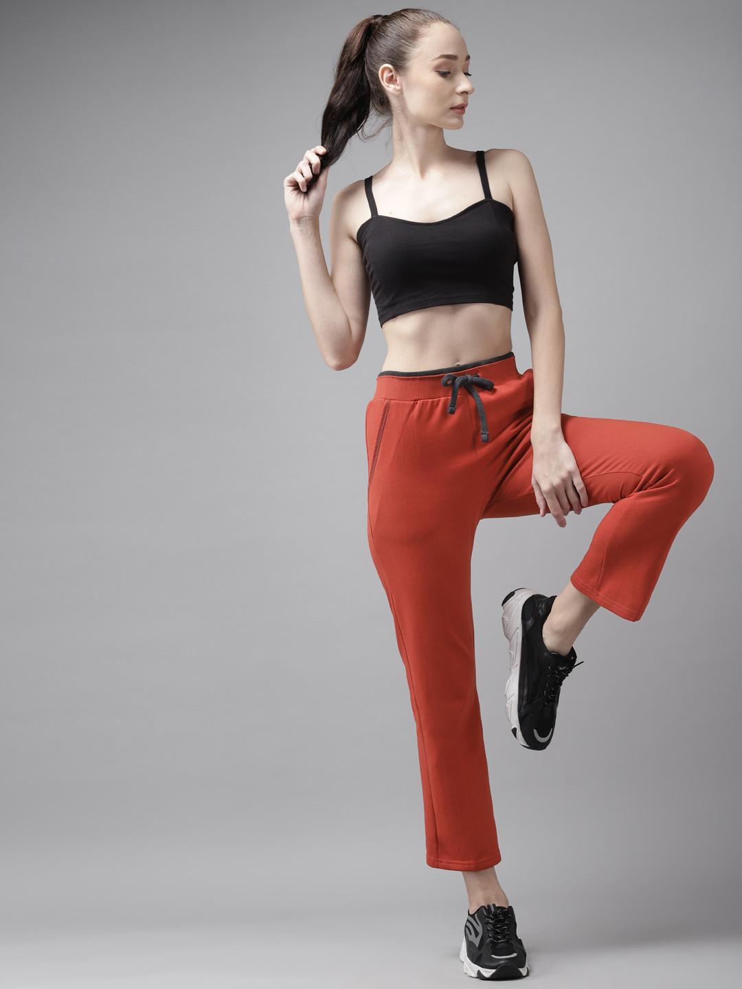 Cayman Women Rust Red Solid Cotton Cropped Track Pants