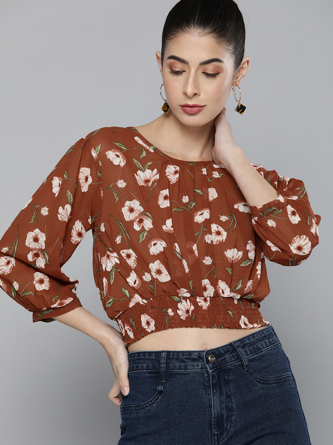 Kvsfab Rust Brown & Off White Floral Blouson Crop Top