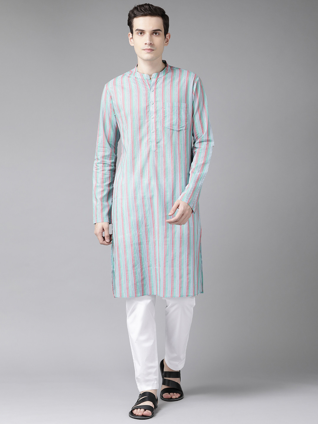 See Designs Men Green Striped Pure Cotton Kurta with Trousers