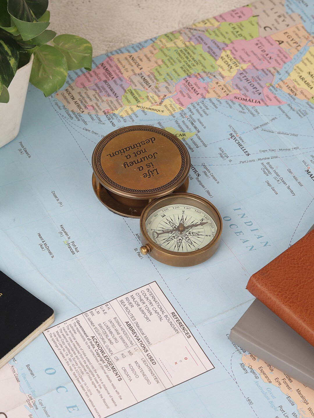 EXIM DECOR Antique Life is a Journey Sliding Compass Brown Brass Metallic Living Room Medium Showpiece - 1 Inches