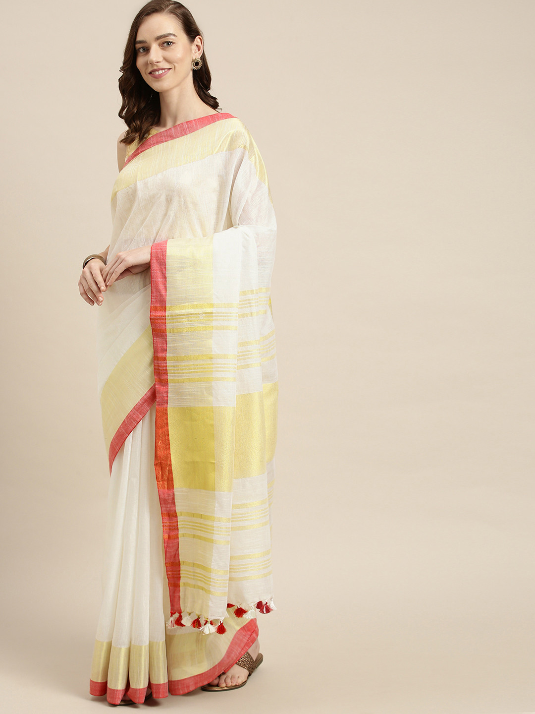 swatika White & Red Zari Linen Blend Muga Saree