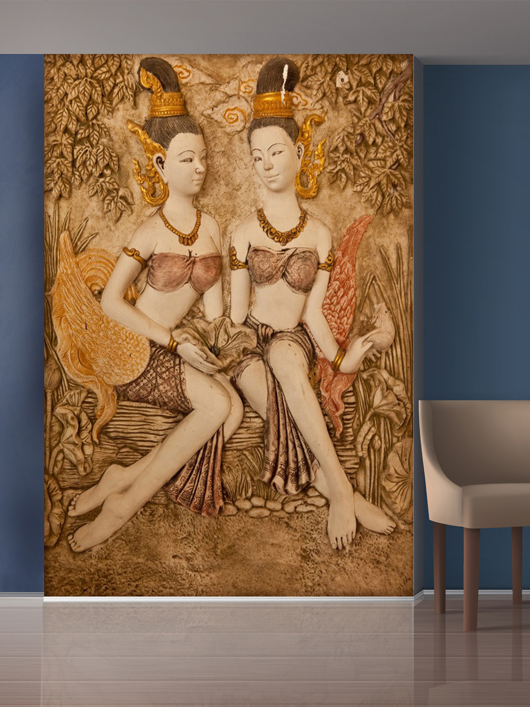 999Store Gold-Toned & Beige Leaves and Tow Sitting Girls Mural Wallpaper