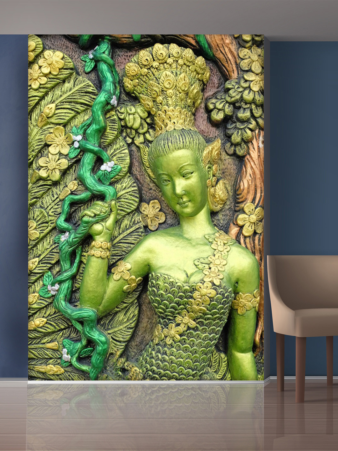 999Store Green & Gold-Toned Leaves & Lady Mural Wallpaper