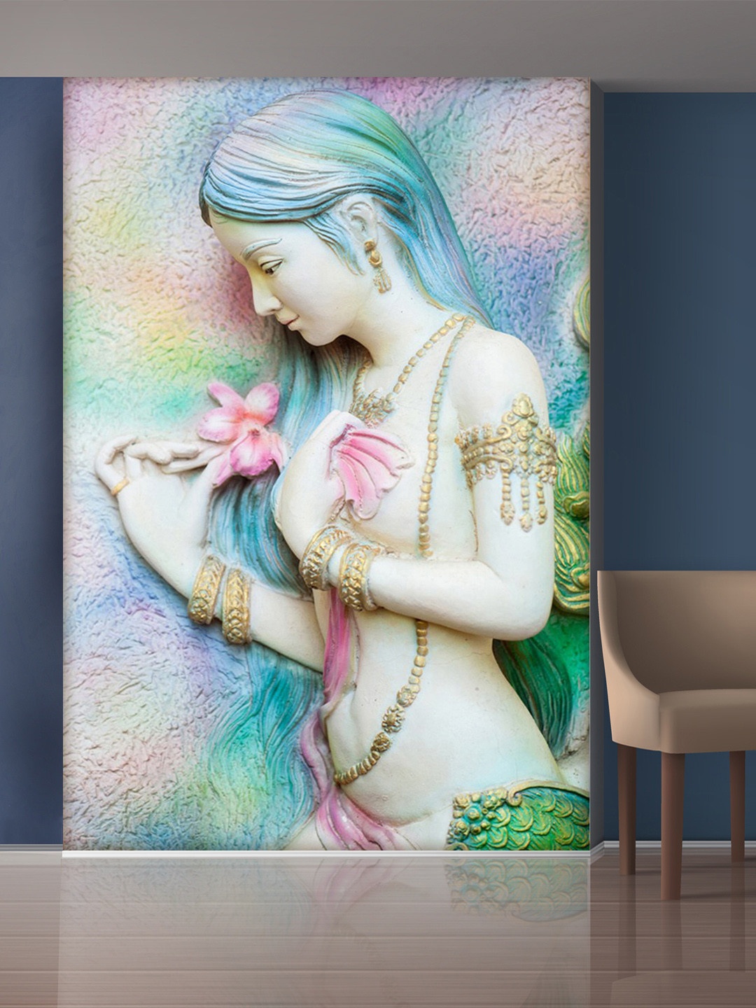 999Store White & Blue Beautiful Lady With Flower Mural Wallpaper