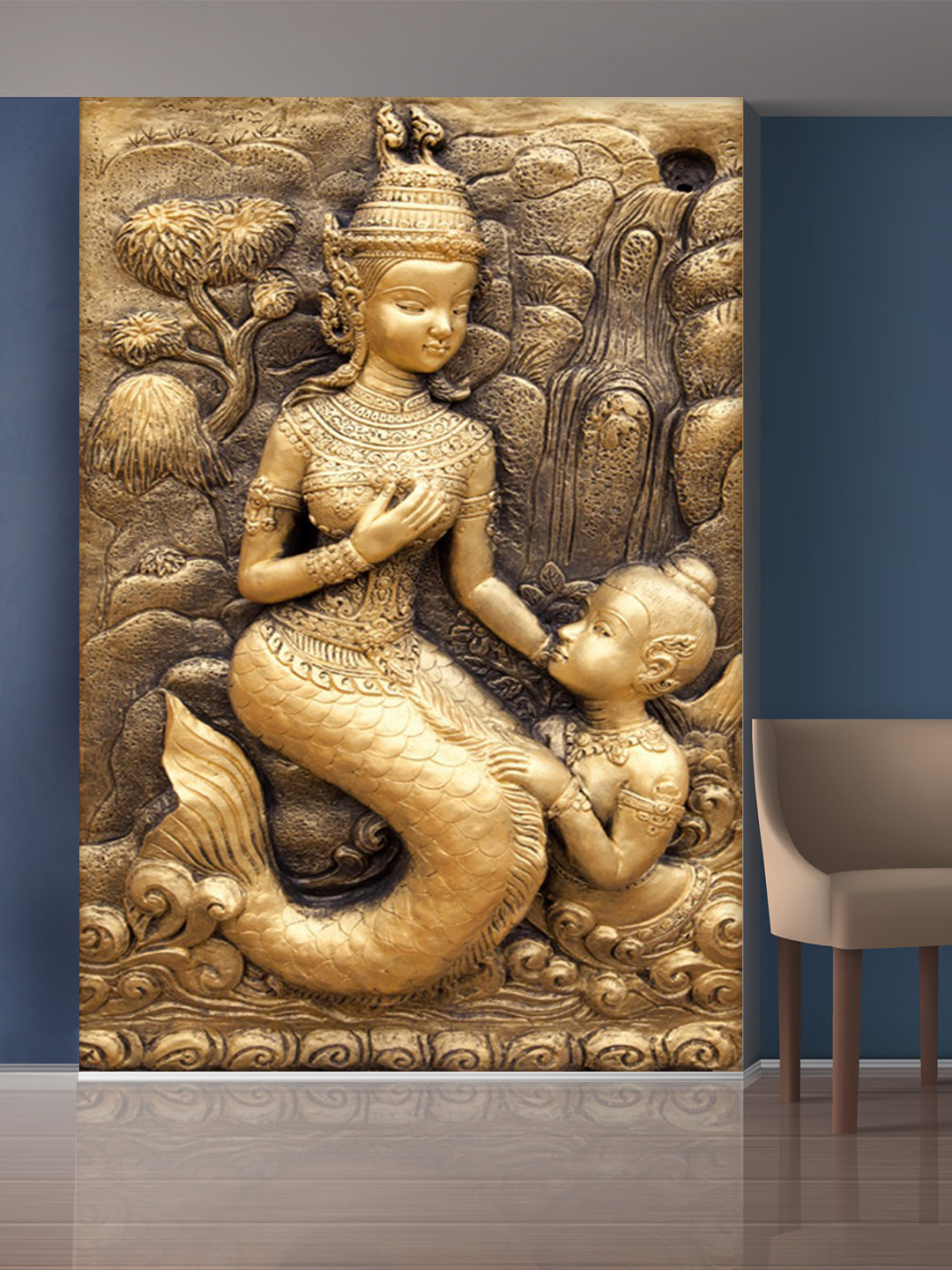 999Store Gold-Toned Mermaid & Child Mural Wallpaper