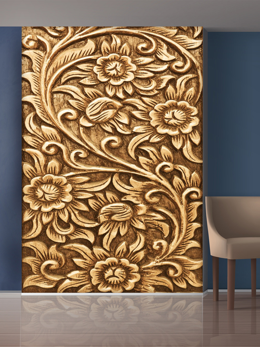 999Store Gold-Toned & Brown Leaves & Flowers Mural Wallpaper