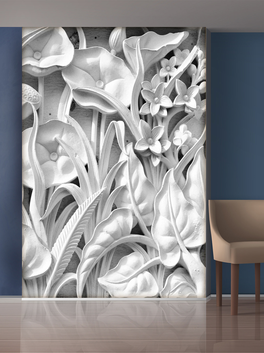 999Store White Flowers & Leaves Mural Wallpaper