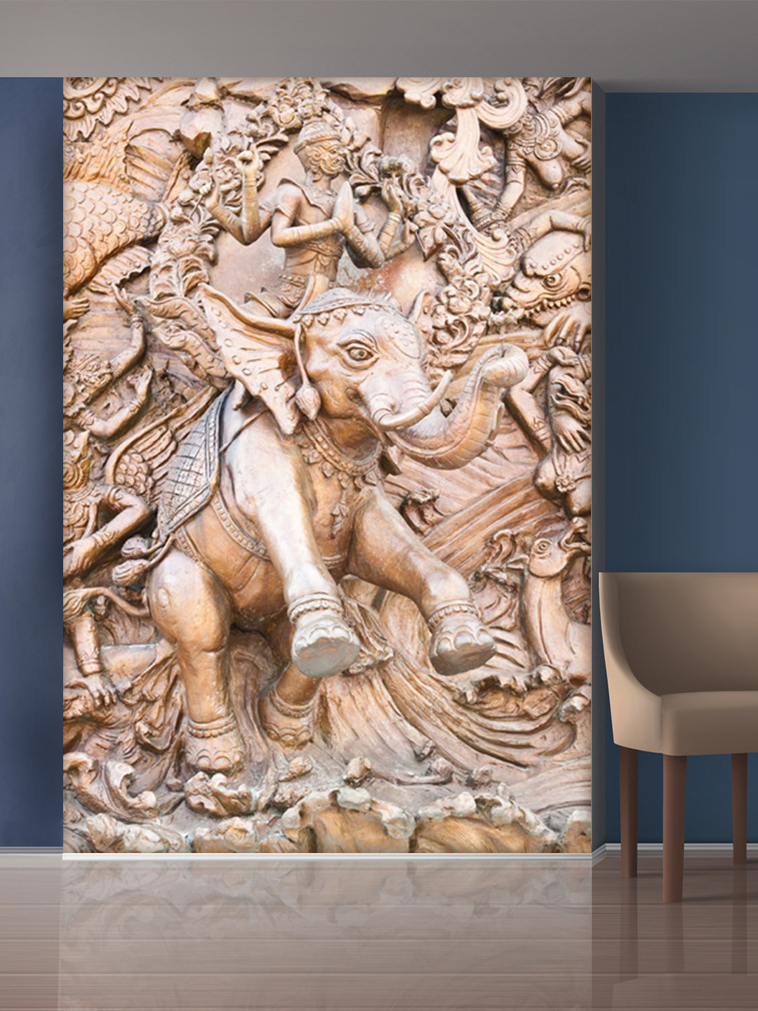 999Store Beige Elephant and Sitting Lord Mural Self-Adhesive Wallpaper