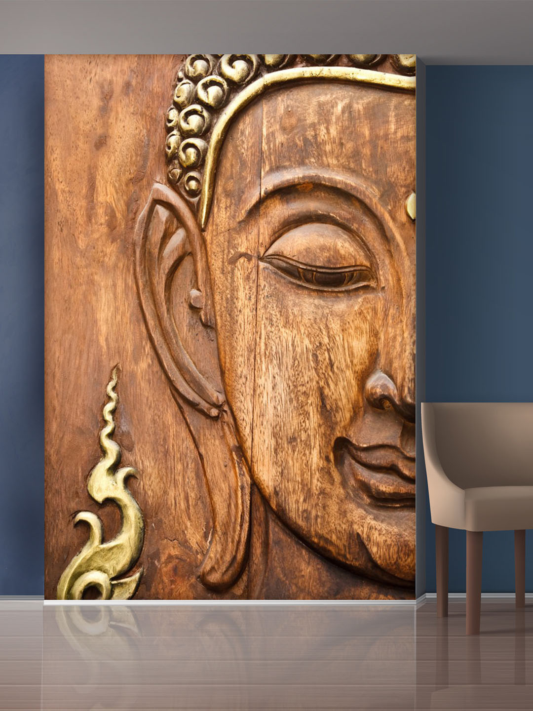 999Store Brown & Gold-Toned Half Buddha Face Mural Wallpaper
