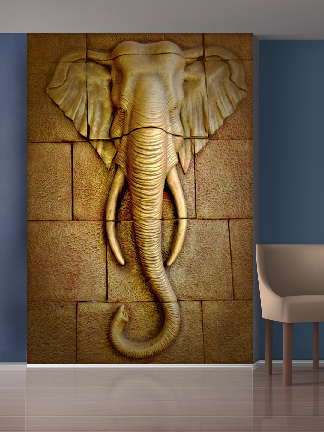 999Store Gold-Toned Elephant Head Mural Wallpaper