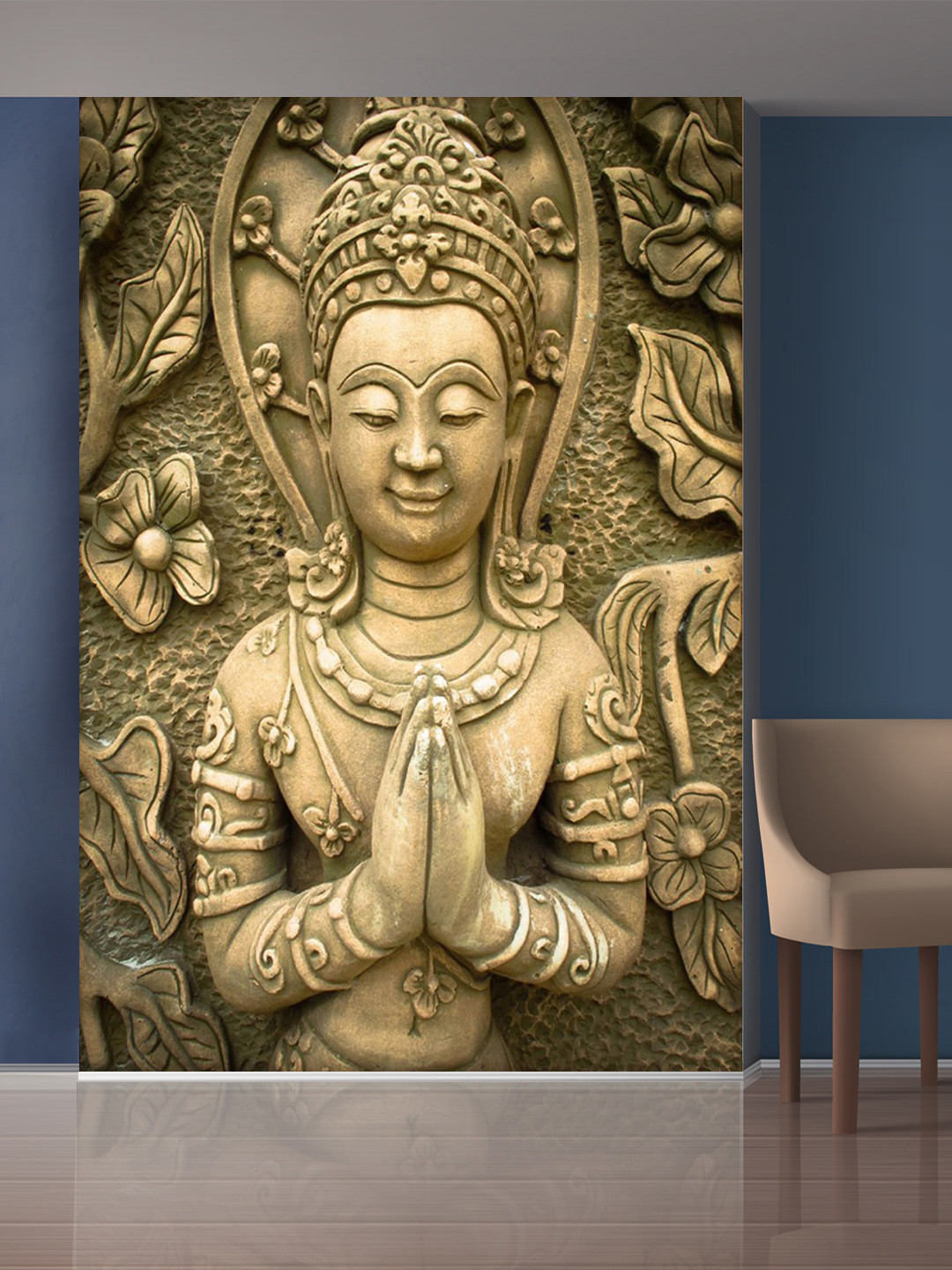 999Store Gold-Toned Flowers & Praying Hands Statue Self-Adhesive Mural Wallpaper