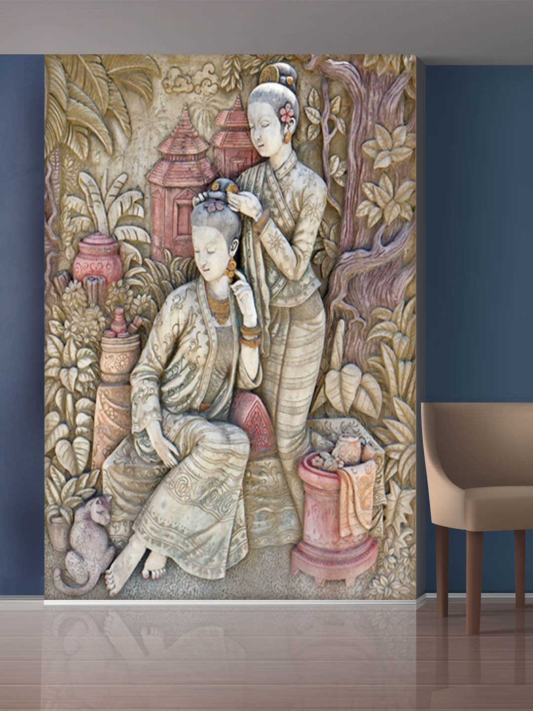 999Store Olive Green & Biege Forest & Sitting Ladys Mural Self-Adhesive Mural Wallpaper