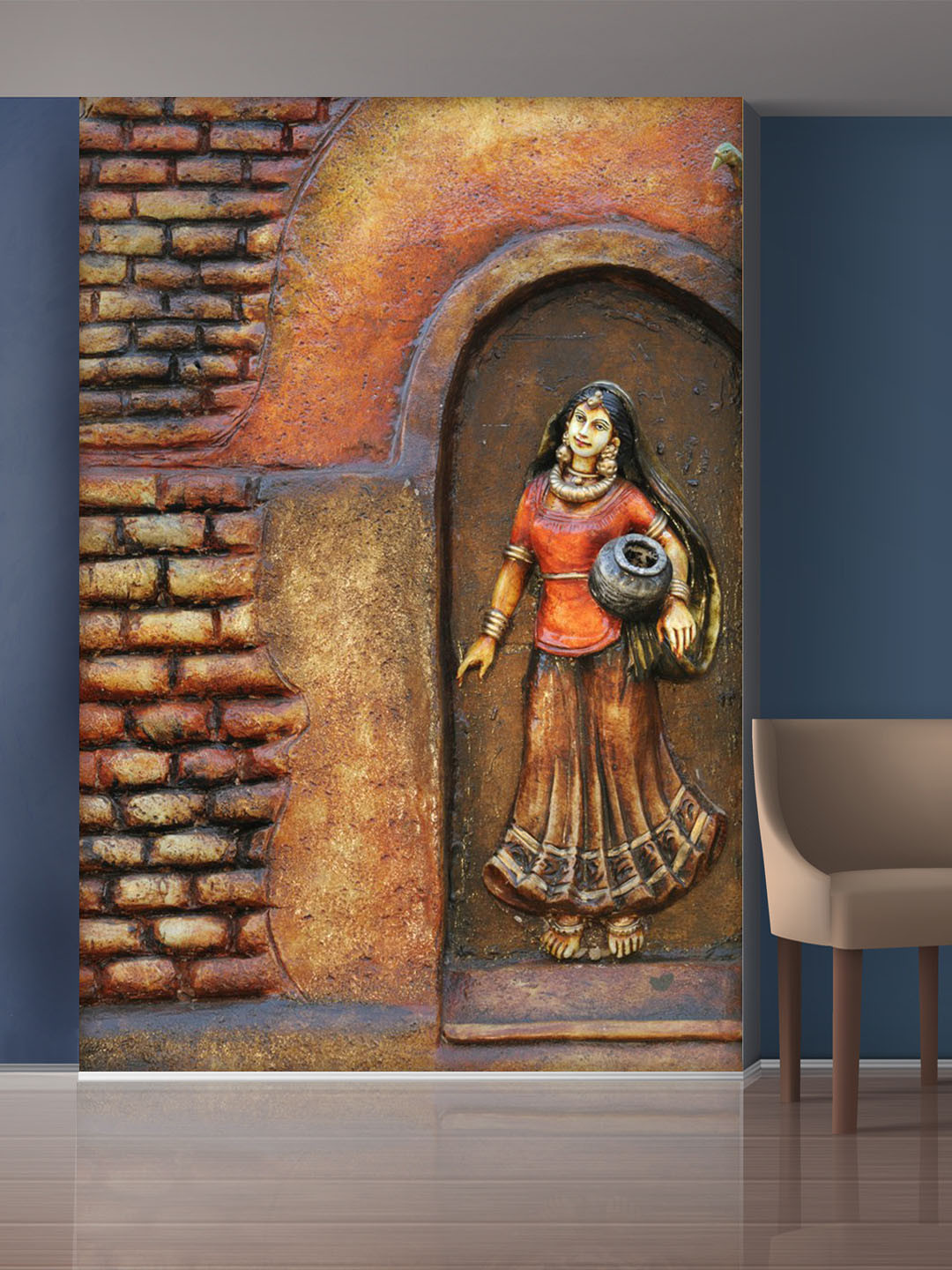999Store Red & Brown Bricks and Village Women Mural Self-Adhesive Wallpaper