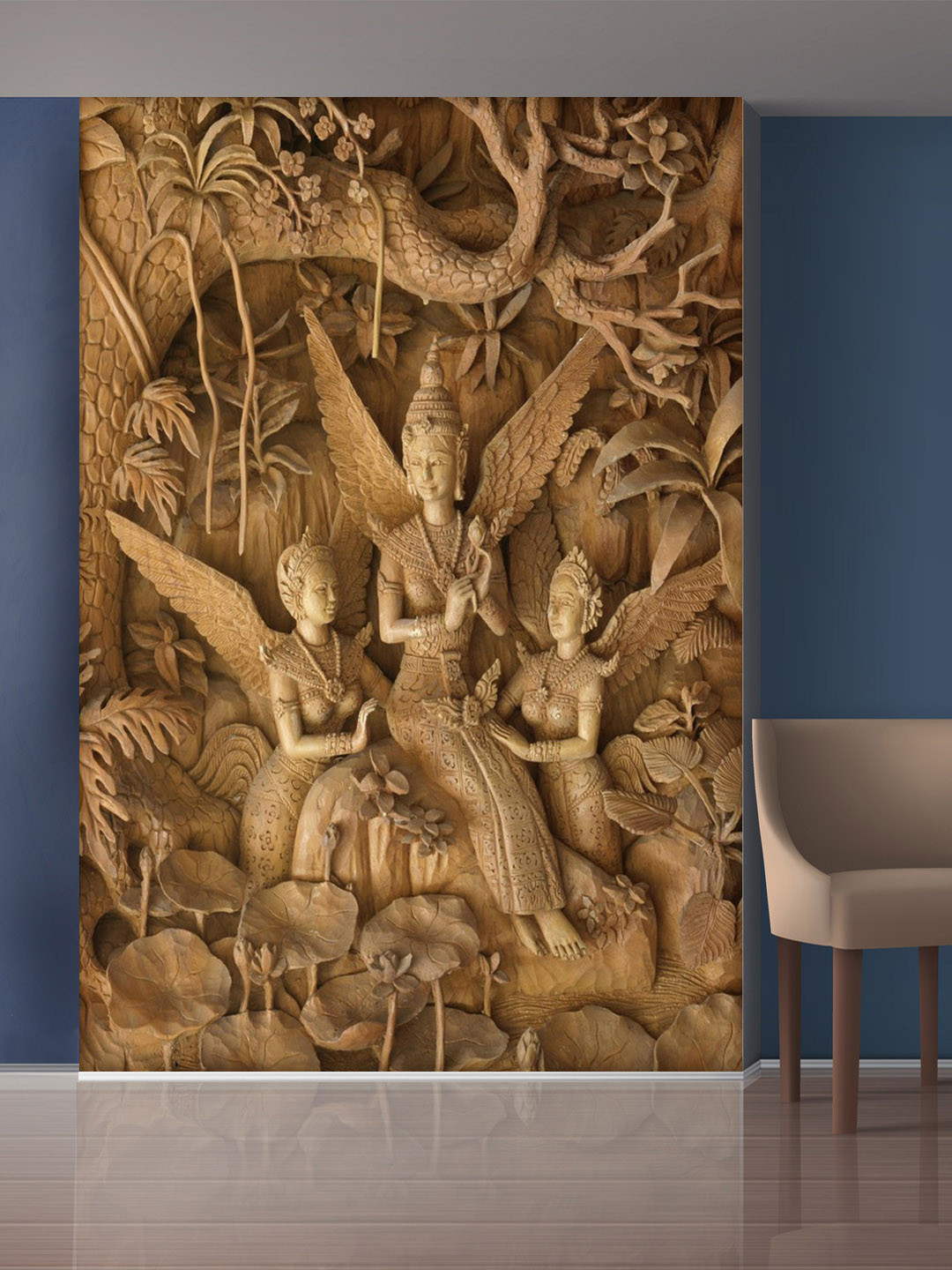 999Store Brown Forest and Sitting Angels Mural Self-Adhesive Wallpaper